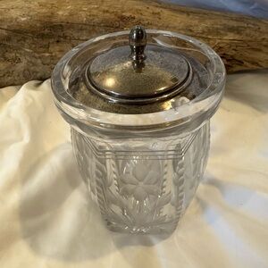 Vintage Jelly Jar Has Etched Flowers & Leaves With Sterling Lid‎